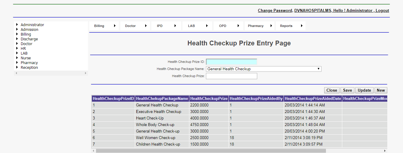 DVNA Hospital Management Software Health Checkup Price Entry Page